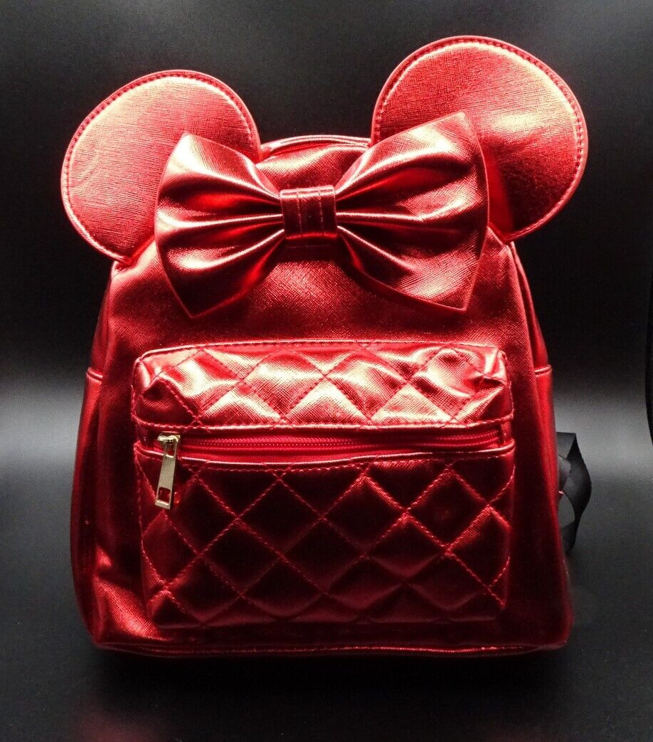 Disney Minnie Mouse Mini Backpack Red Metallic Quilted 3D Die Cut Ears Bow
