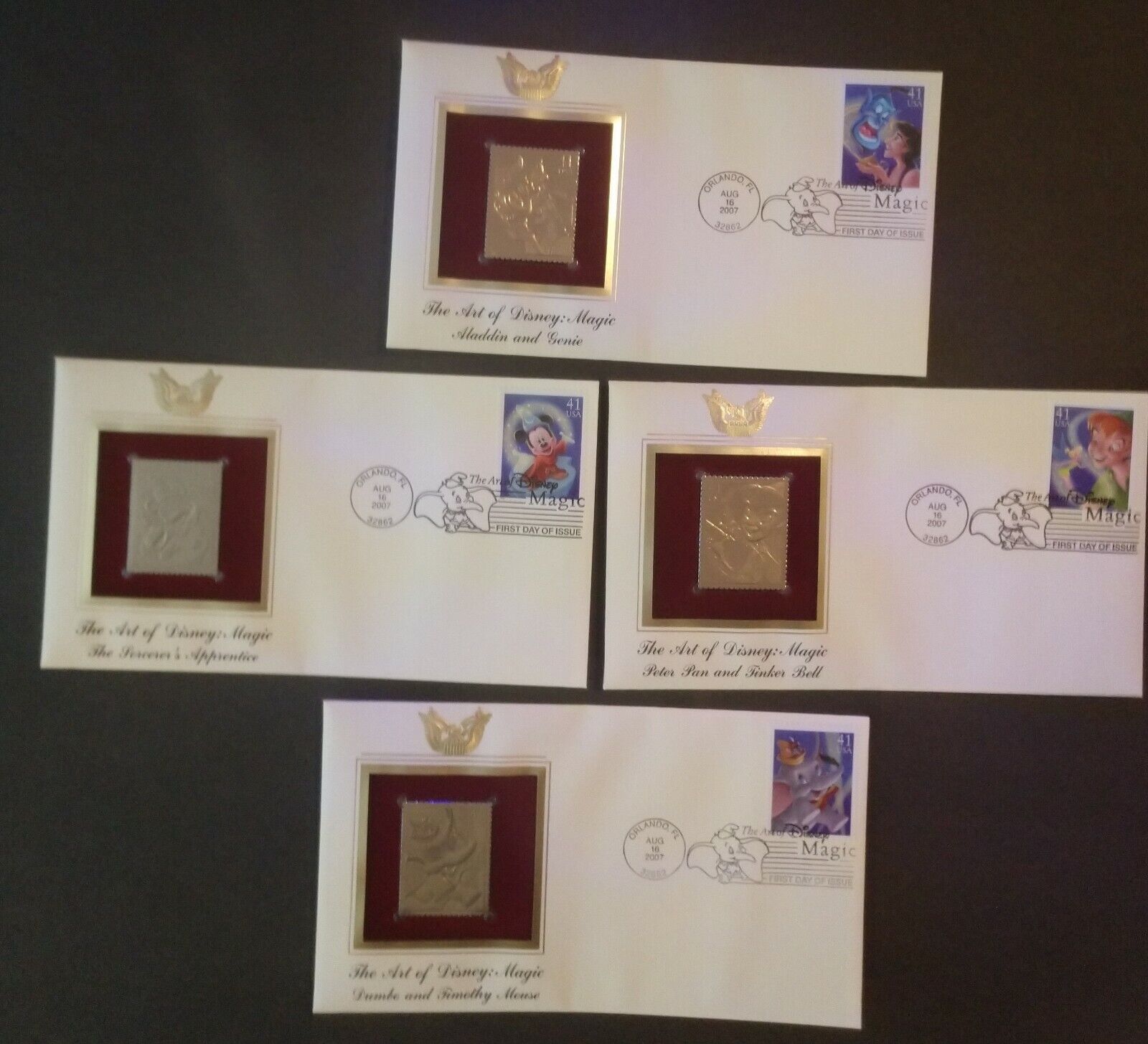 1st Day Issue ART OF DISNEY: MAGIC Full Set of 4 USPS Stamps w/ Gold Foil 