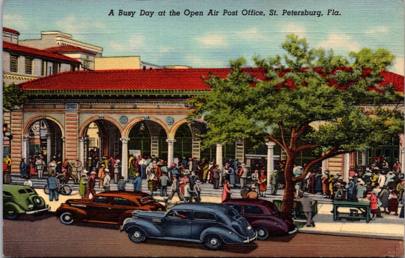A Busy Day at the Open Air Post Office St. Petersburg Florida Linen Postcard