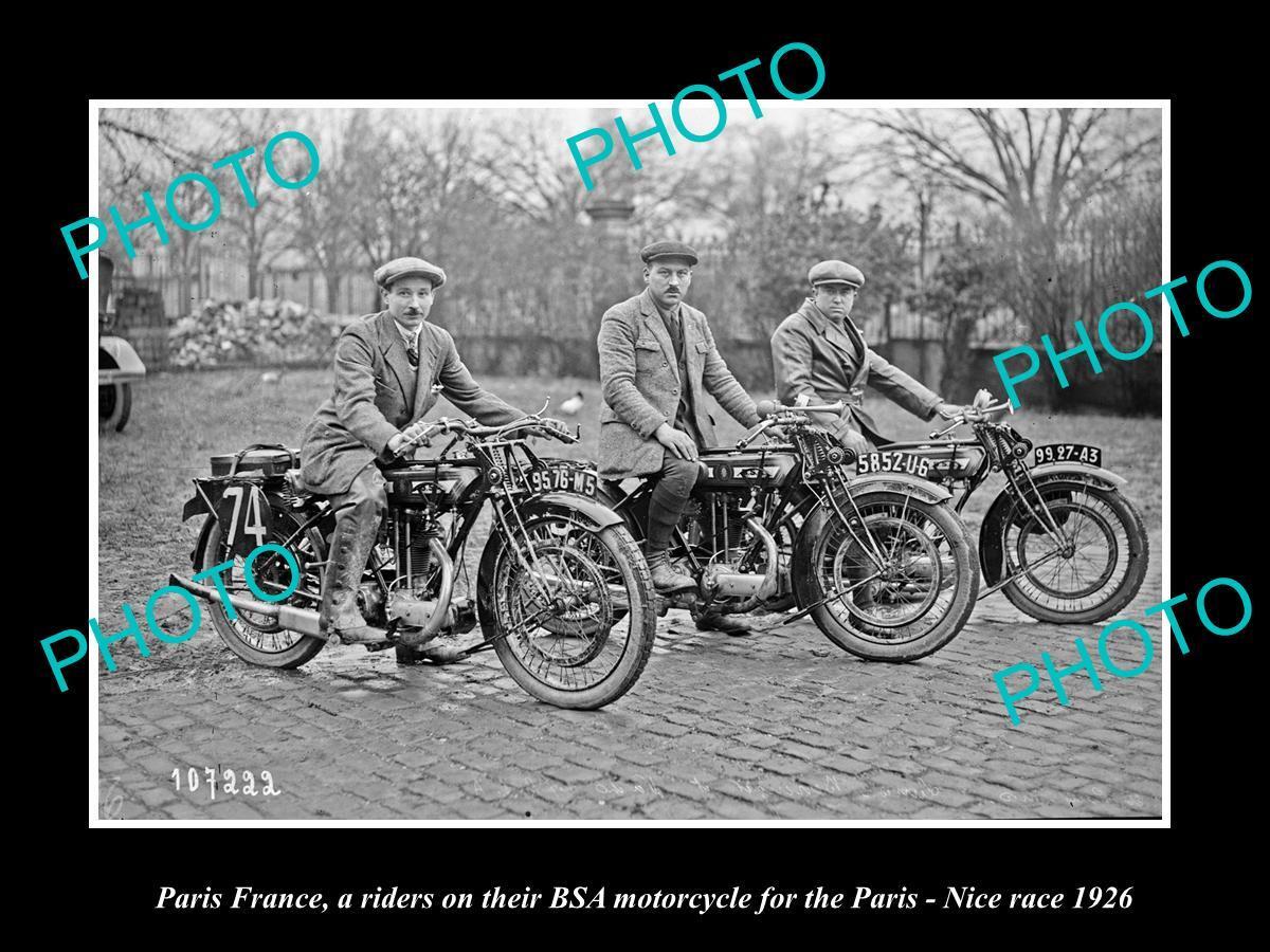 OLD LARGE HISTORIC PHOTO OF PARIS FRANCE, BSA MOTORCYCLE RIDERS IN RACE c1926