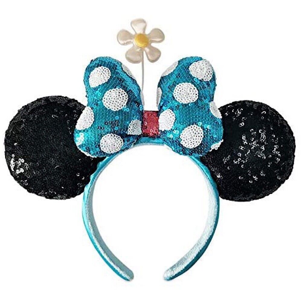 Blue Polka Dot Sequin FLOWER DAISY Headband Ears Minnie Disney Parks NEW FromUSA