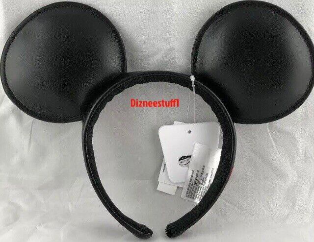 Disney Parks Mickey Mouse Ears Headband Solid Black Leather Vinyl Signature NEW
