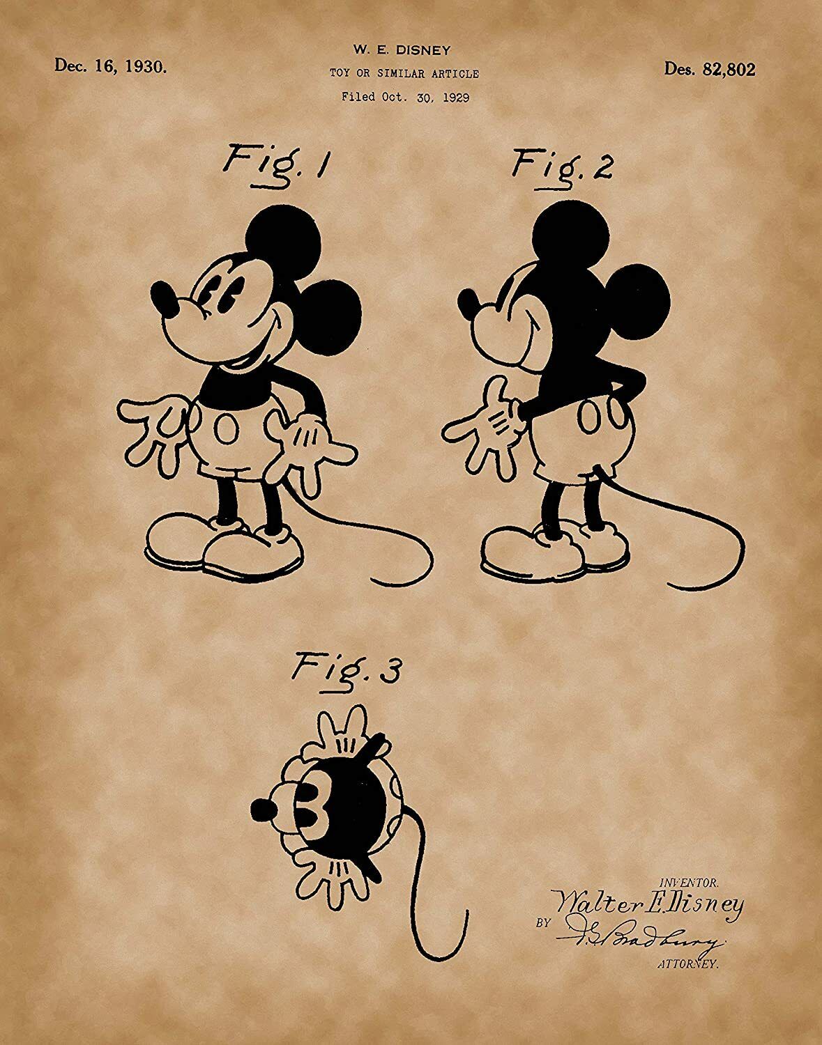 Patent Poster Art - Disney Mickey Mouse Toy Patent - Old Antique Parchment Look