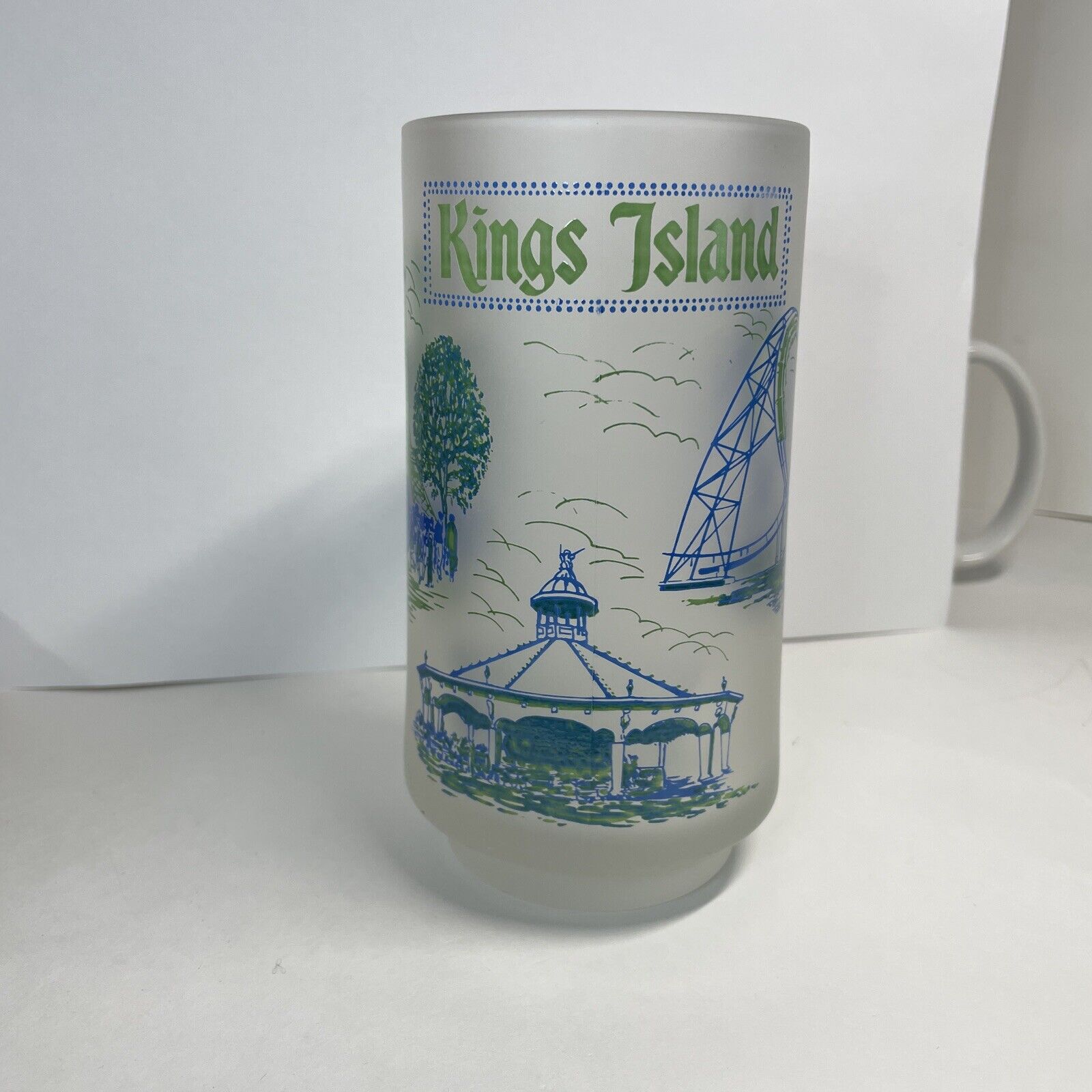 Kings Island Frosted Glass Mug 5.5” Vintage Roller Coaster Blue Green Graphics