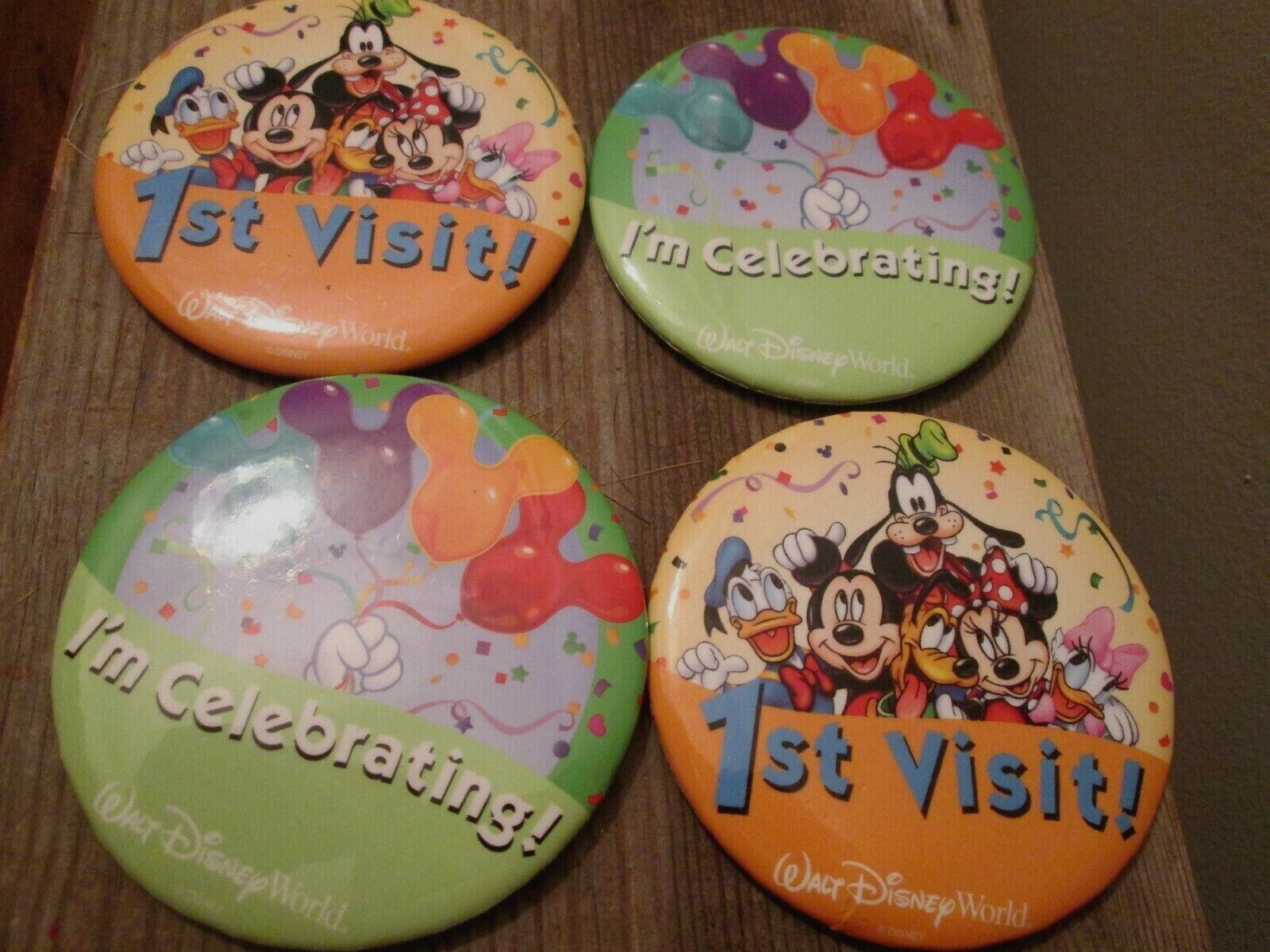 4 Walt Disney World Pin Back Buttons 1st Visit & I'm Celebrating Mickey Minnie 