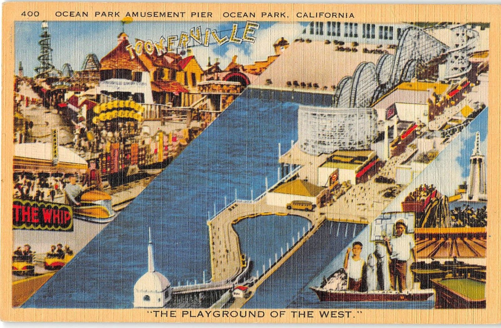 OCEAN PARK AMUSEMENT PIER Roller Coaster Toonerville Santa Monica 1940s Postcard