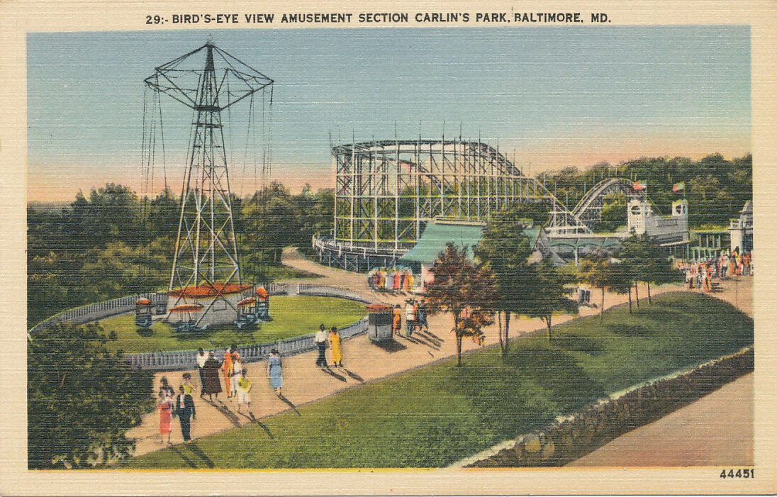 Baltimore MD * Carlins Park Amusement Section 1951 Roller Coaster & Swing