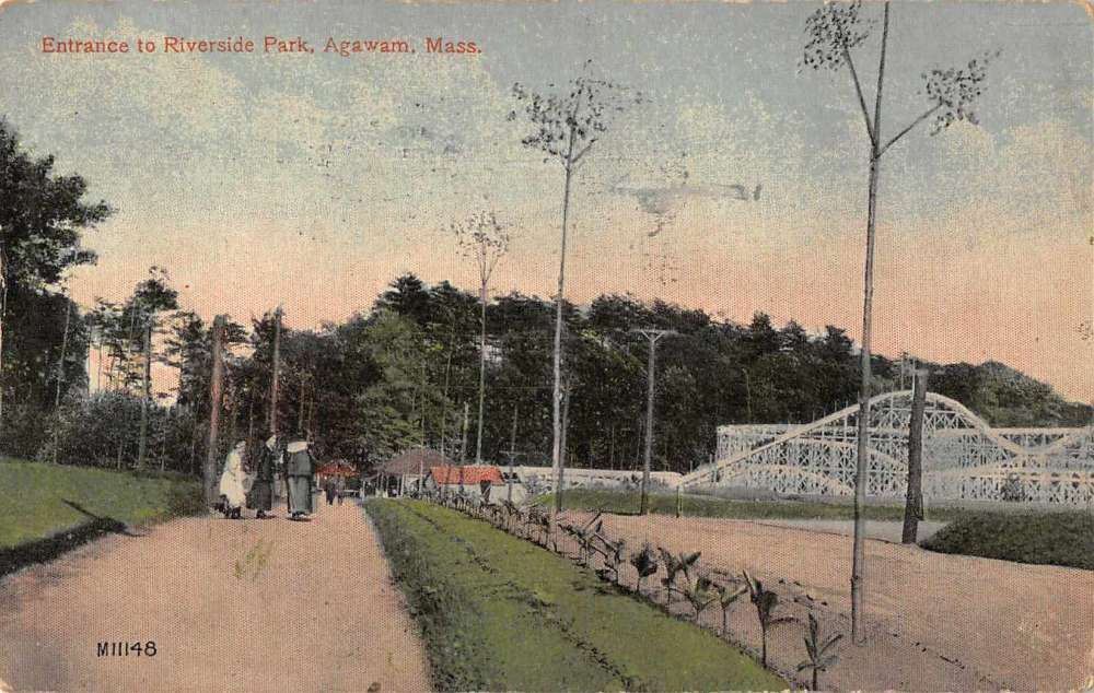 Agawam Massachusetts Riverside Park Entrance Roller Coaster Postcard AA874