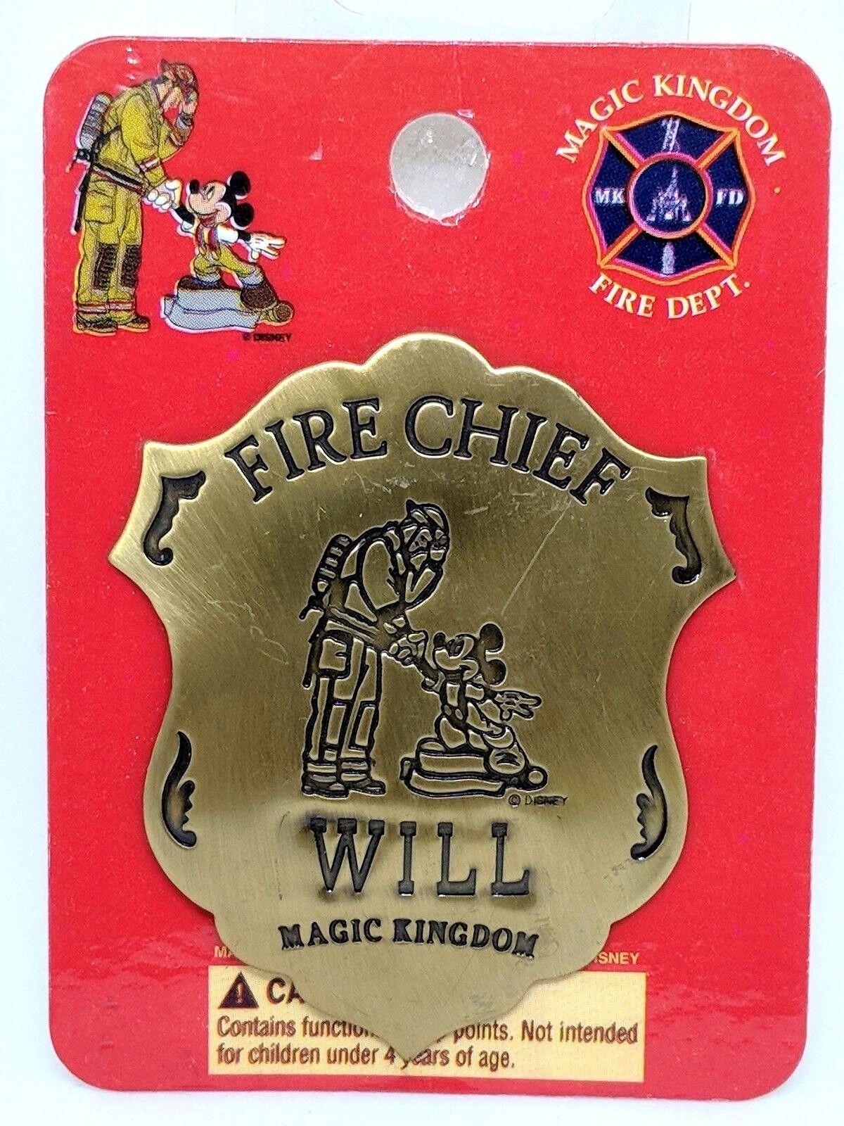Disney Magic Kingdom Fireman & Mickey Mouse Fire Chief Badge /Pin For WILL