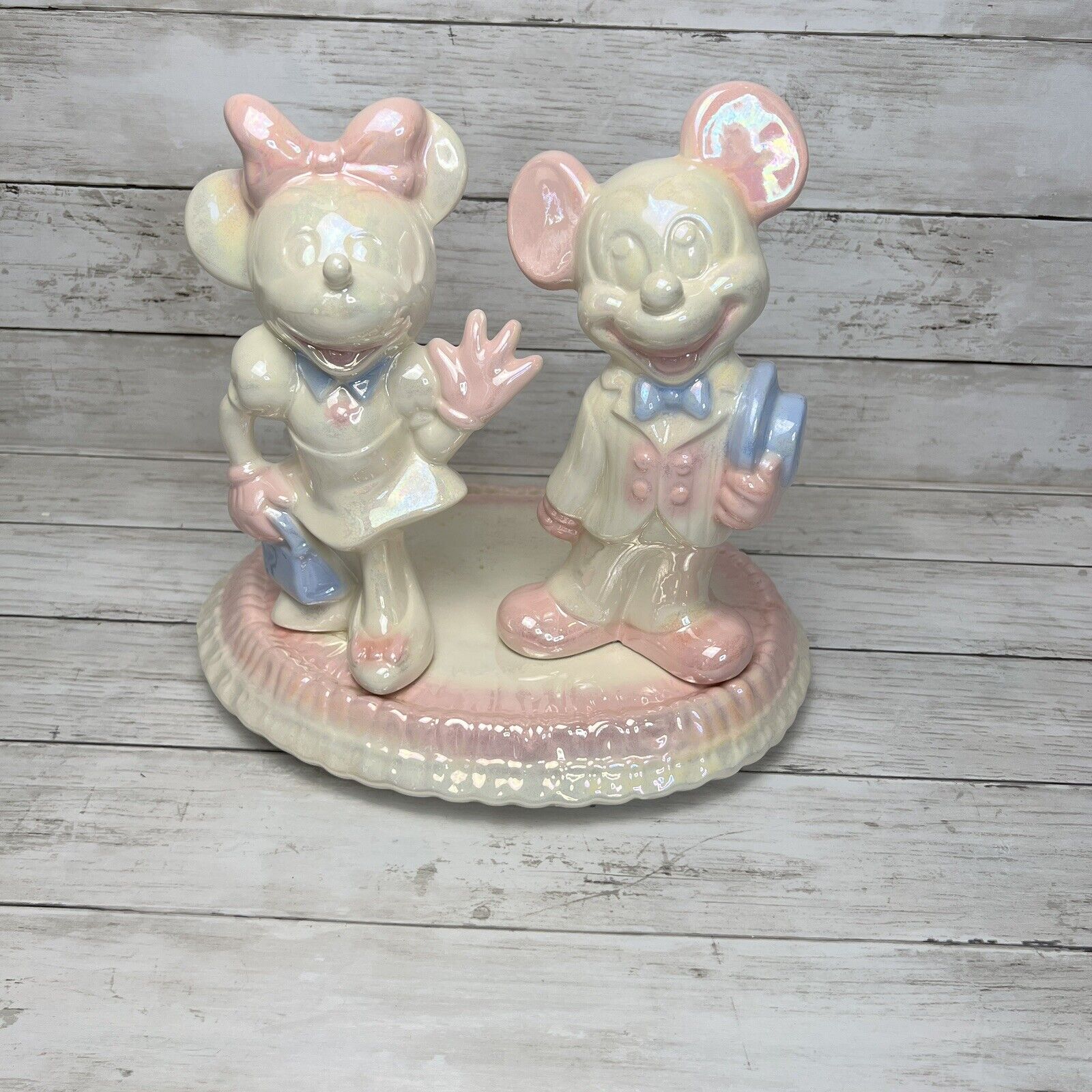 Walt Disney Corp Mickey & Minnie Mouse On Stage Ceramic Pink Blue Iridescent VTG