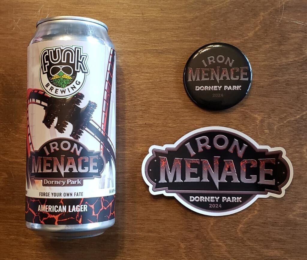 Dorney Park Iron Menace Roller Coaster Magnet, Button Pin & Empty Beer Can
