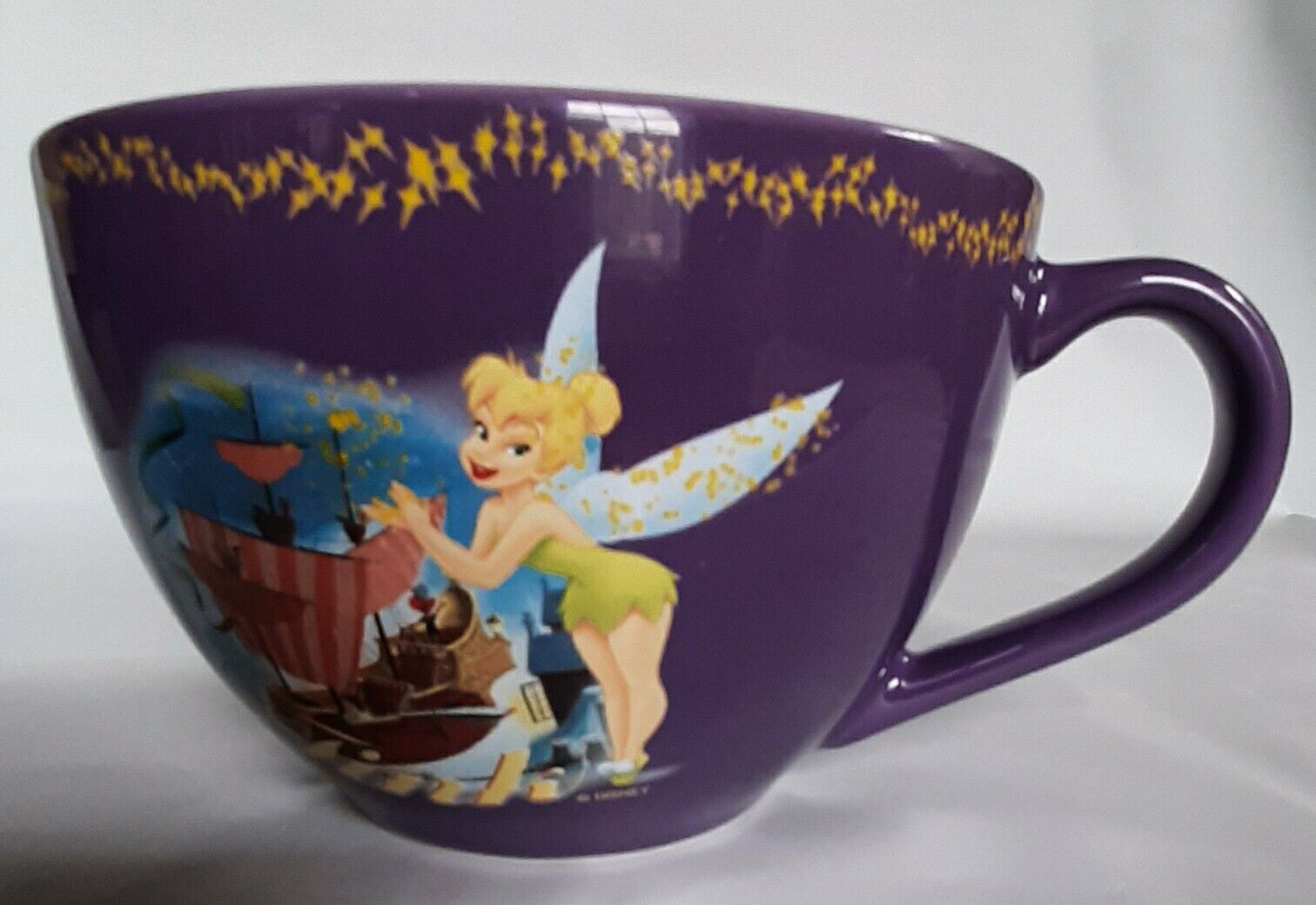 Tinker Bell Disney Store Wide Mug Purple Tink Jolly Roger Pirate Ship Fairy 