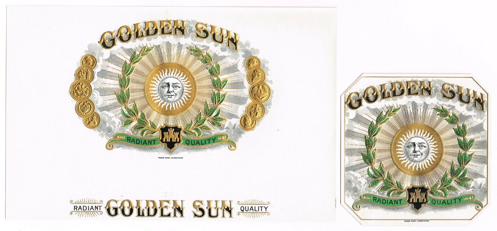 2 CIGAR BOX LABELS IN & OUT VINTAGE C1910 GOLDEN SUN EXCEPTIONAL TYPOGRAPHY