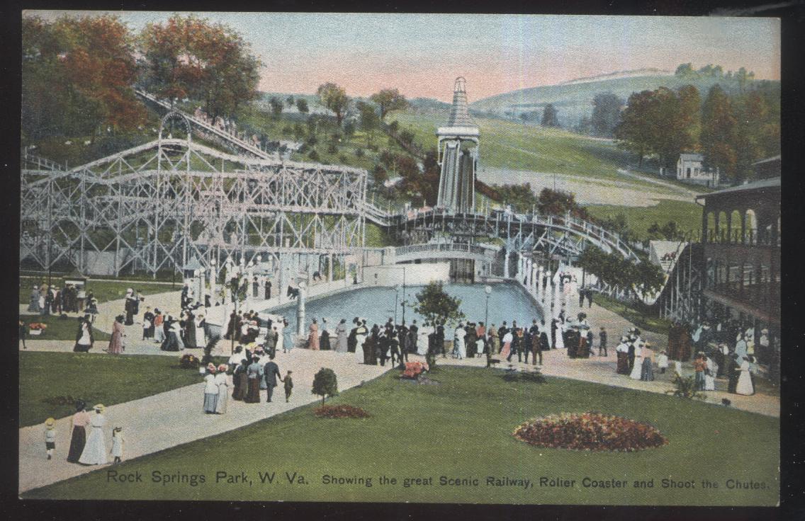 Postcard ROCK SPRINGS PARK WV  Roller Coaster & Water Slide Aerial view 1907