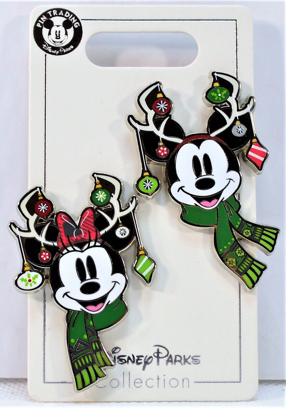 Disney 2018 Christmas Holiday Mickey Minnie Antlers With Ornaments 2 Pin Set NEW