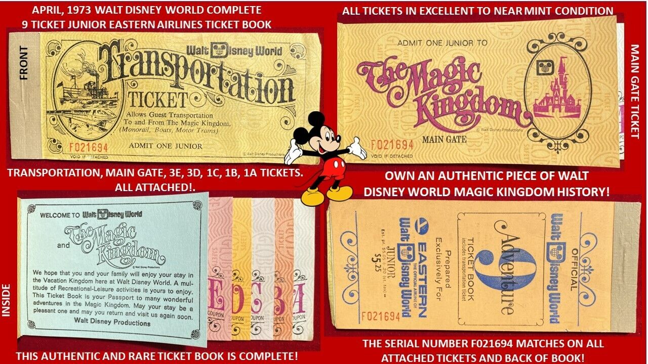 1973 Walt Disney World COMPLETE JUNIOR TICKET Book MAINGATE + TRANSPORTATION B2