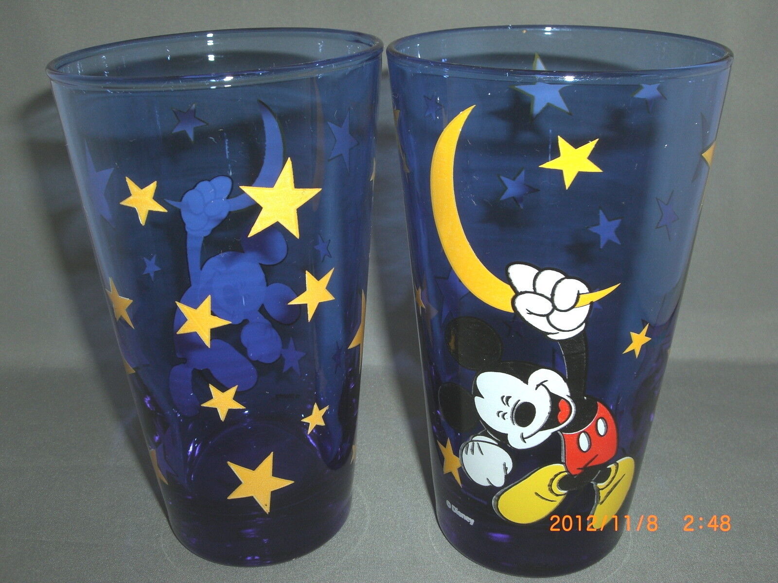 2 Mickey Mouse Anchor Hocking Cobalt Blue MOON & STARS16oz.Tumblers Circa 1971