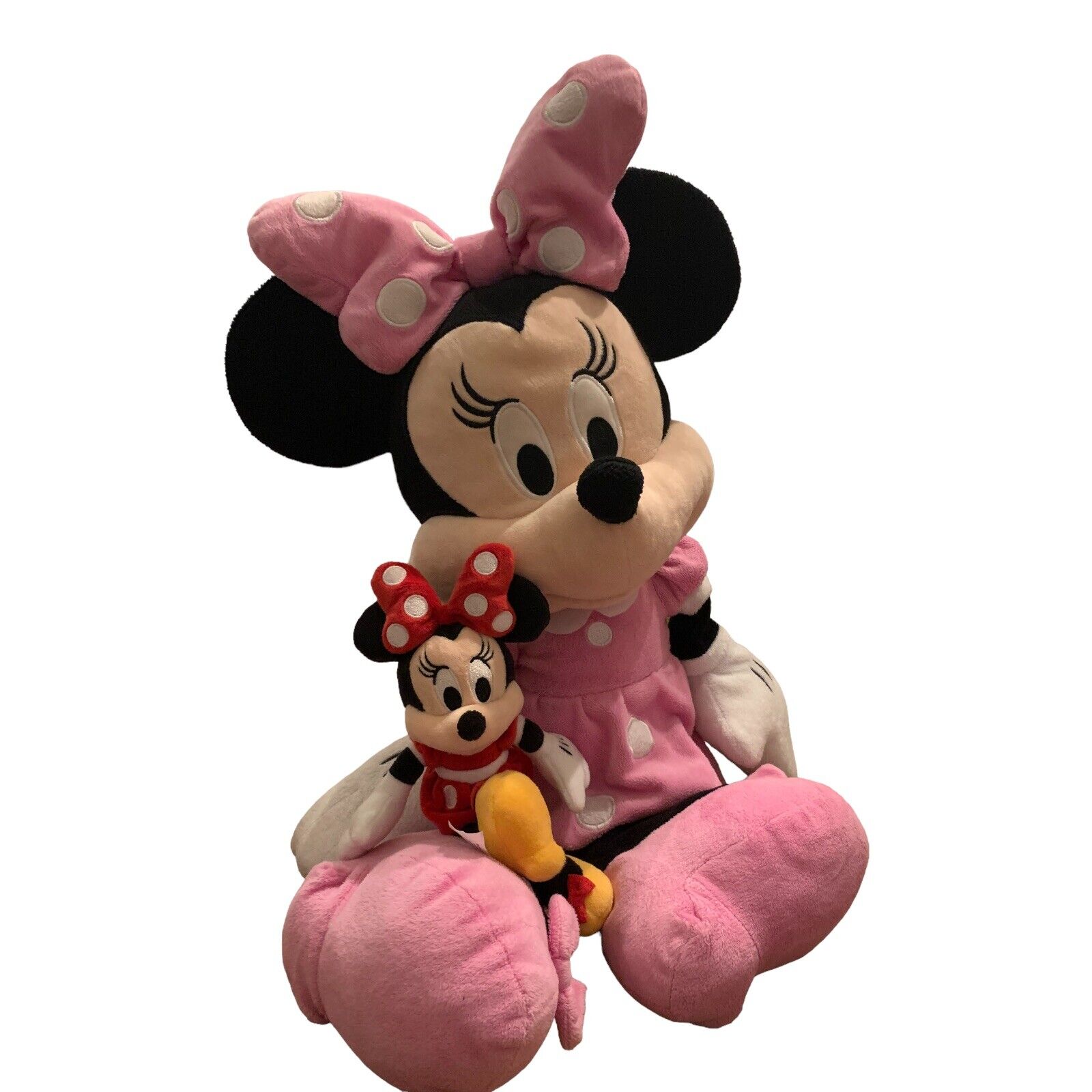 2 Plush Minnie Mouse Dolls, Red Mini Bean Bag 9 1/2\'\', Pink With Bow Jumbo 25”