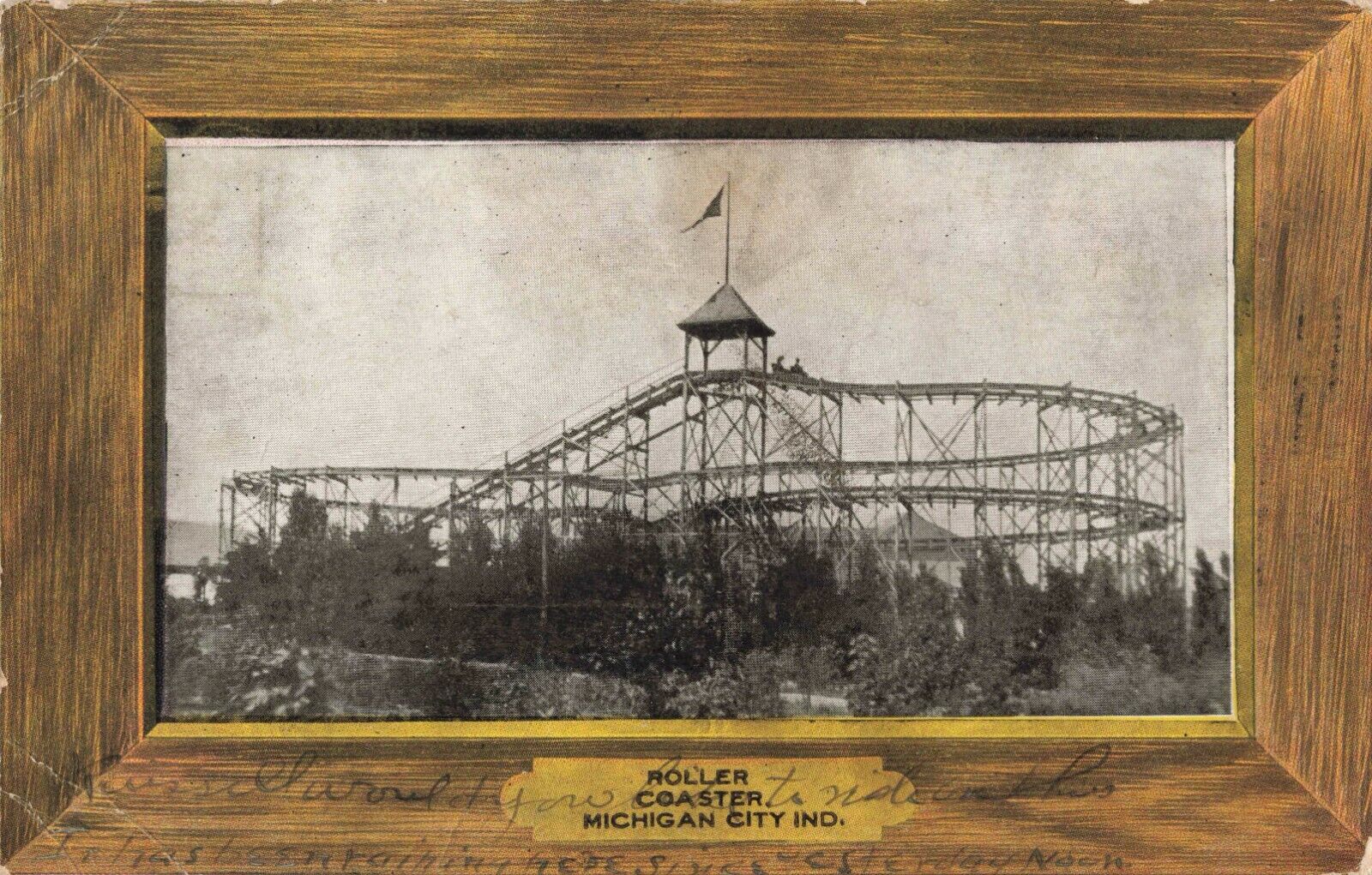 Roller Coaster, Michigan City, Indiana IN Wood Border - 1907 Vintage Postcard