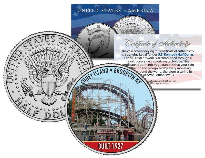 CONEY ISLAND CYCLONE Brooklyn NY Roller Coaster Colorized JFK Half Dollar Coin