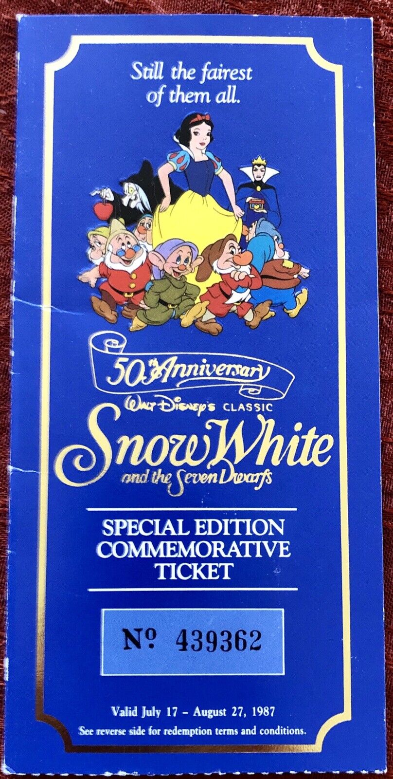 Snow White And The Seven Dwarfs 50th Anniversary Commemorative Ticket #439362   