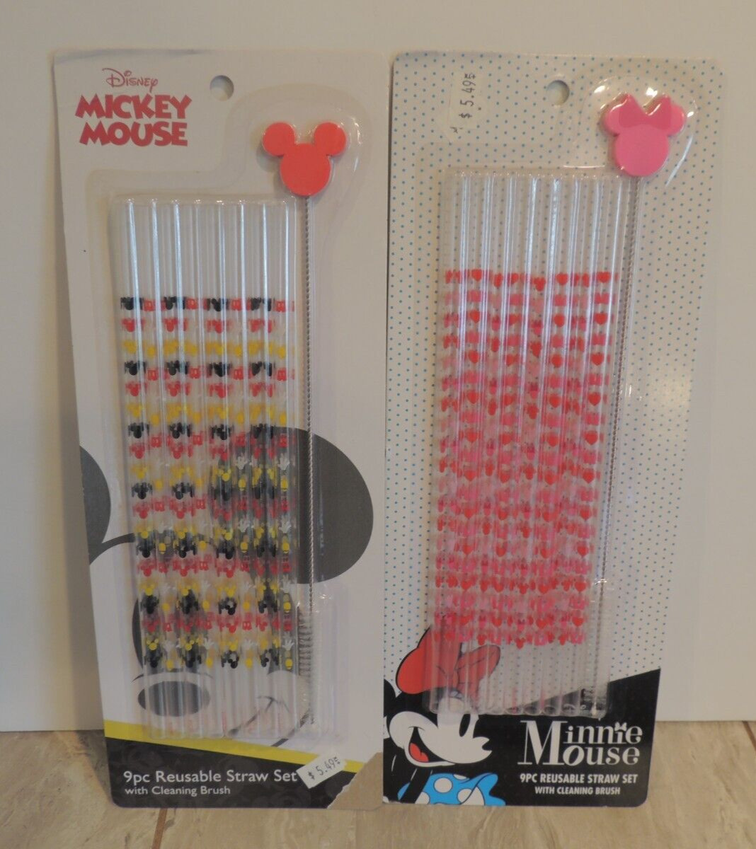 Disney Mickey and Mini Mouse 9 Pc Reusable straws (18 straws total) W/ Brush