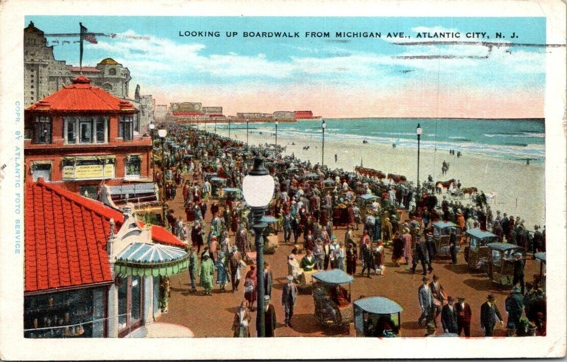 Postcard Looking Up Boardwalk From Michigan Ave Atlantic City NJ 1931