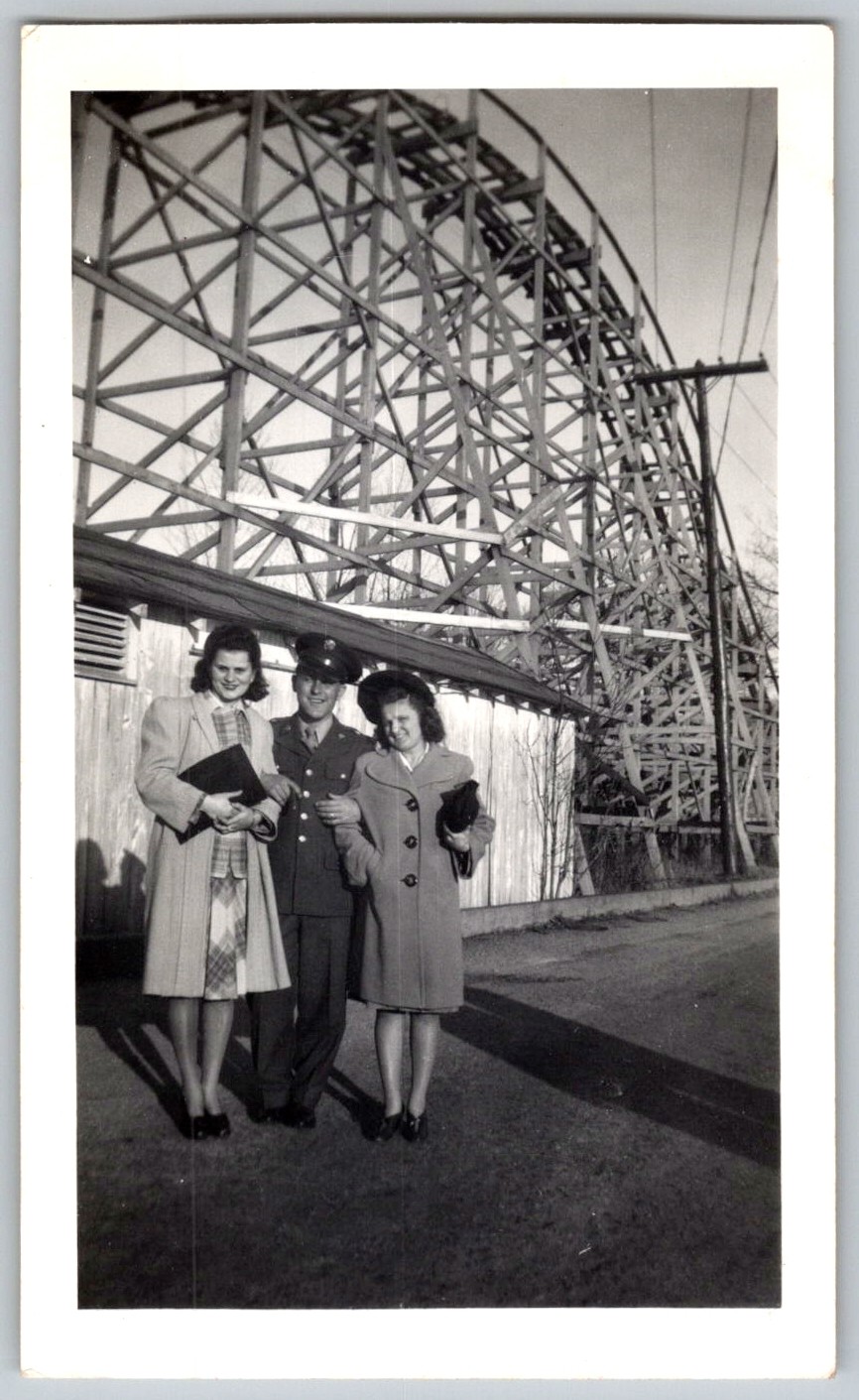 Vtg B&W Snapshot WWII Soldier Two Women Wooden Roller Coaster Amusement Park Vtg B&W Snapshot WWII Soldier Two Women Wooden Roller Coaster Amusement Park