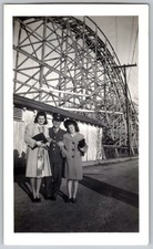 Vtg B&W Snapshot WWII Soldier Two Women Wooden Roller Coaster Amusement Park picture