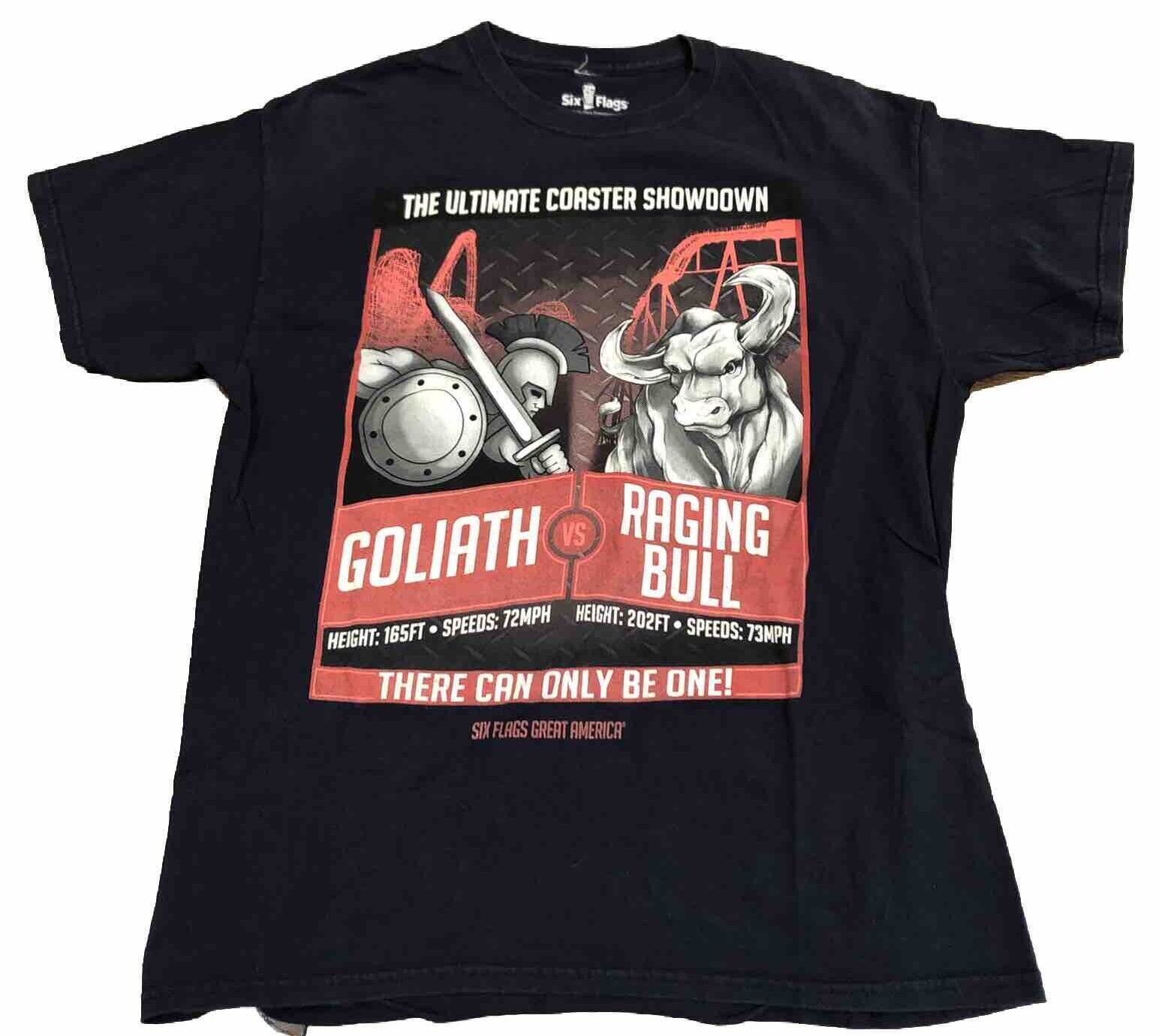 Six Flags Ultimate Roller Coaster Showdown Goliath V Raging Bull T-shirt Size L