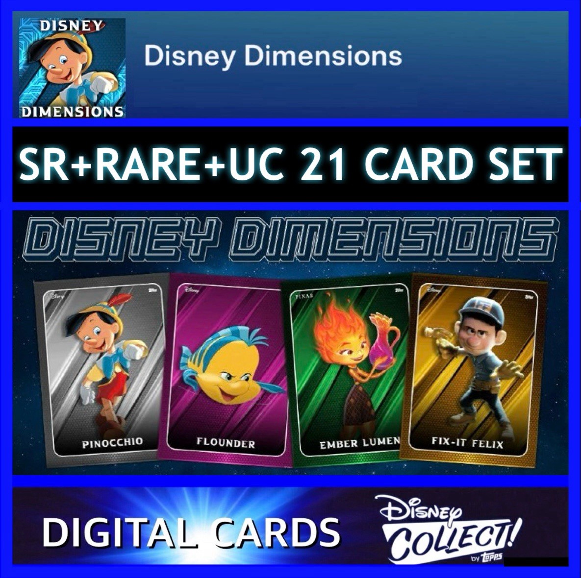 DISNEY DIMENSIONS-SERIES 1 SR+RARE+UC 21 CARD SET-TOPPS DISNEY COLLECT DISNEY DIMENSIONS-SERIES 1 SR+RARE+UC 21 CARD SET-TOPPS DISNEY COLLECT