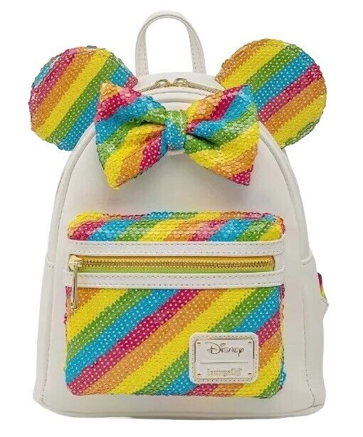 Loungefly Minnie Mouse Rainbow Sequin On White Mini Backpack New With Tags