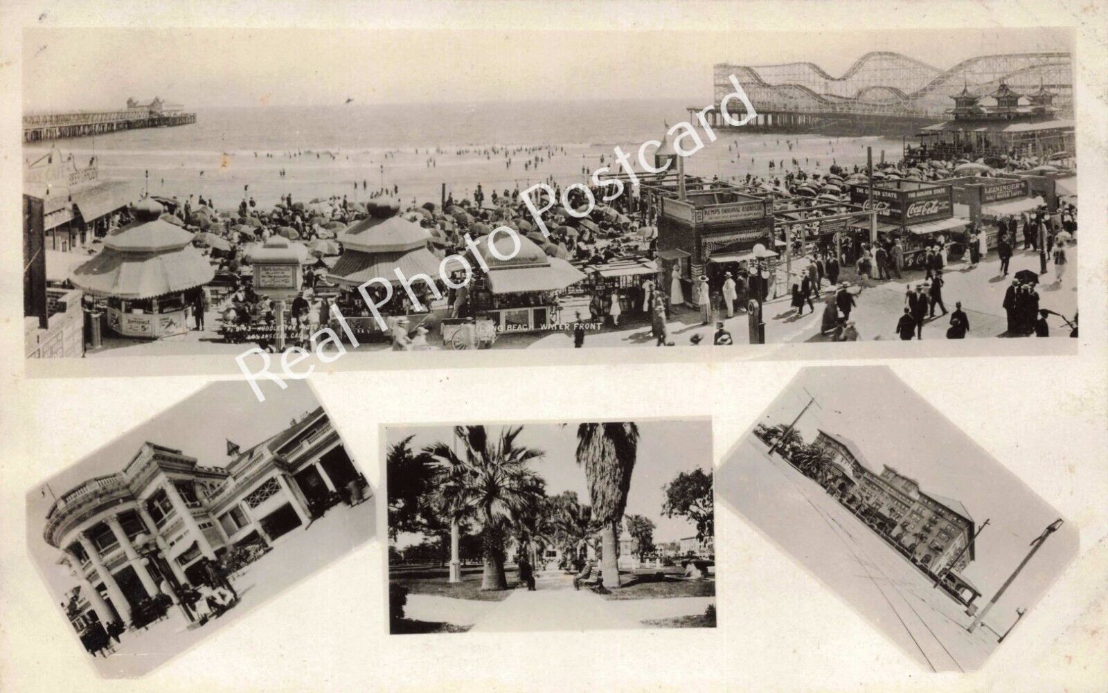 RPPC Long Beach California Roller Coaster Coca Cola Sign 1930s Beach Postcard