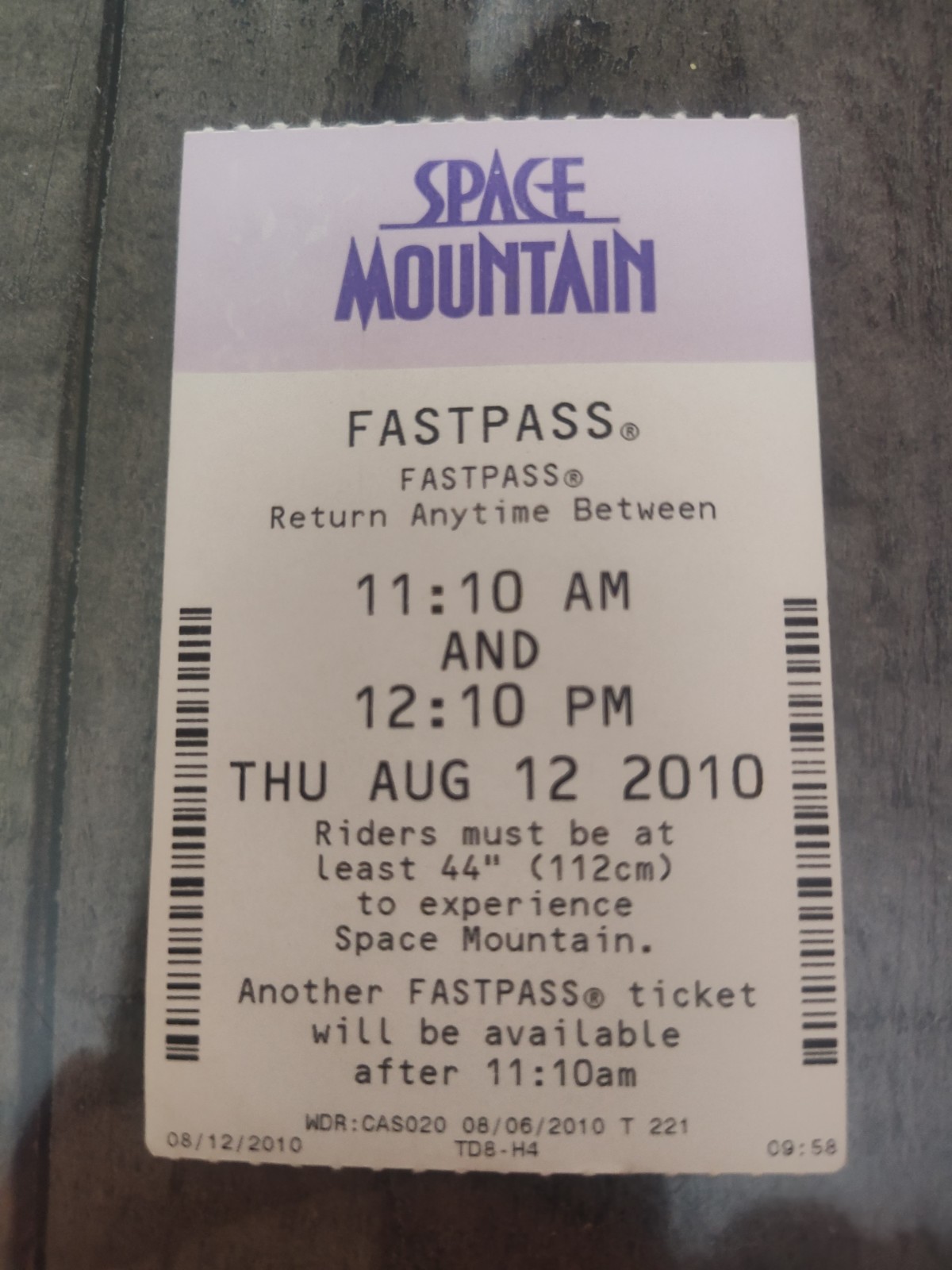 2010 Space Mountain Fastpass Dated 8/12/2010 2010 Space Mountain Fastpass Dated 8/12/2010