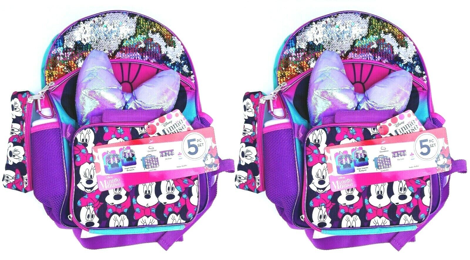 2 Pack Backpack Set with Water Bottle Lunch Bag Pencil Case Carabiner Mini Mouse