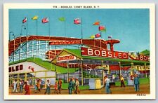 Bobsled Coney Island New York Amusement Park Postcard Wooden Roller Coaster picture
