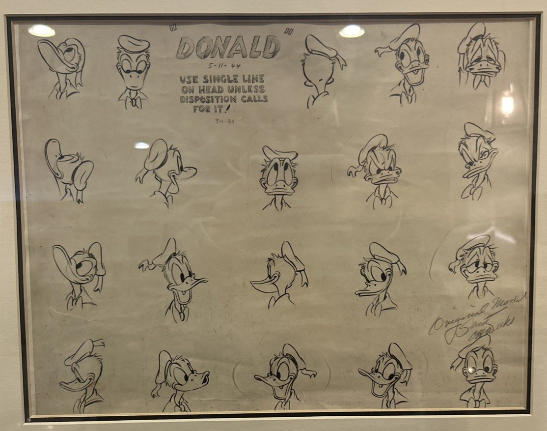 Claire Weeks Signed Notated 1944 Donald Duck Model Sheet Framed Claire Weeks Signed Notated 1944 Donald Duck Model Sheet Framed