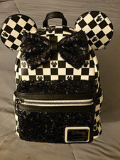 Loungefly Disney Minnie Mouse Mini Backpack Black/White Checker Sequin w/ Bow picture