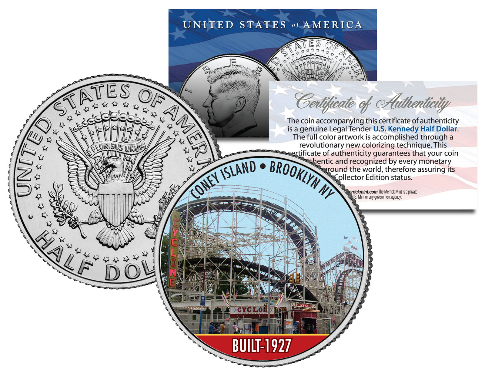 CONEY ISLAND CYCLONE Roller Coaster Colorized JFK Half Dollar Coin BROOKLYN NY