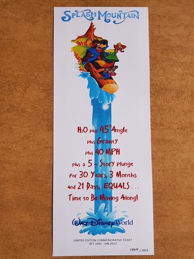 WDW Splash Mountain Last Day Commemorative Ticket – Water Ride Closed – Poster