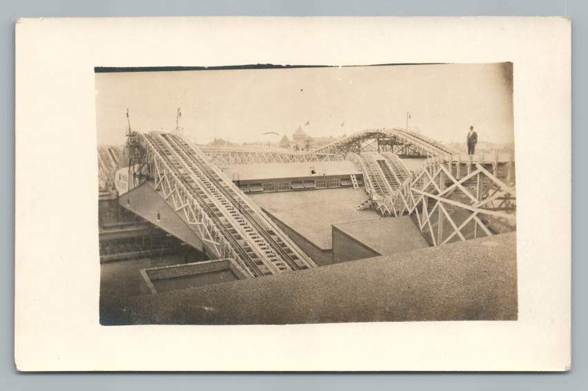 Man Standing on Roller Coaster RPPC Interesting Antique Amusement Park Photo 10s