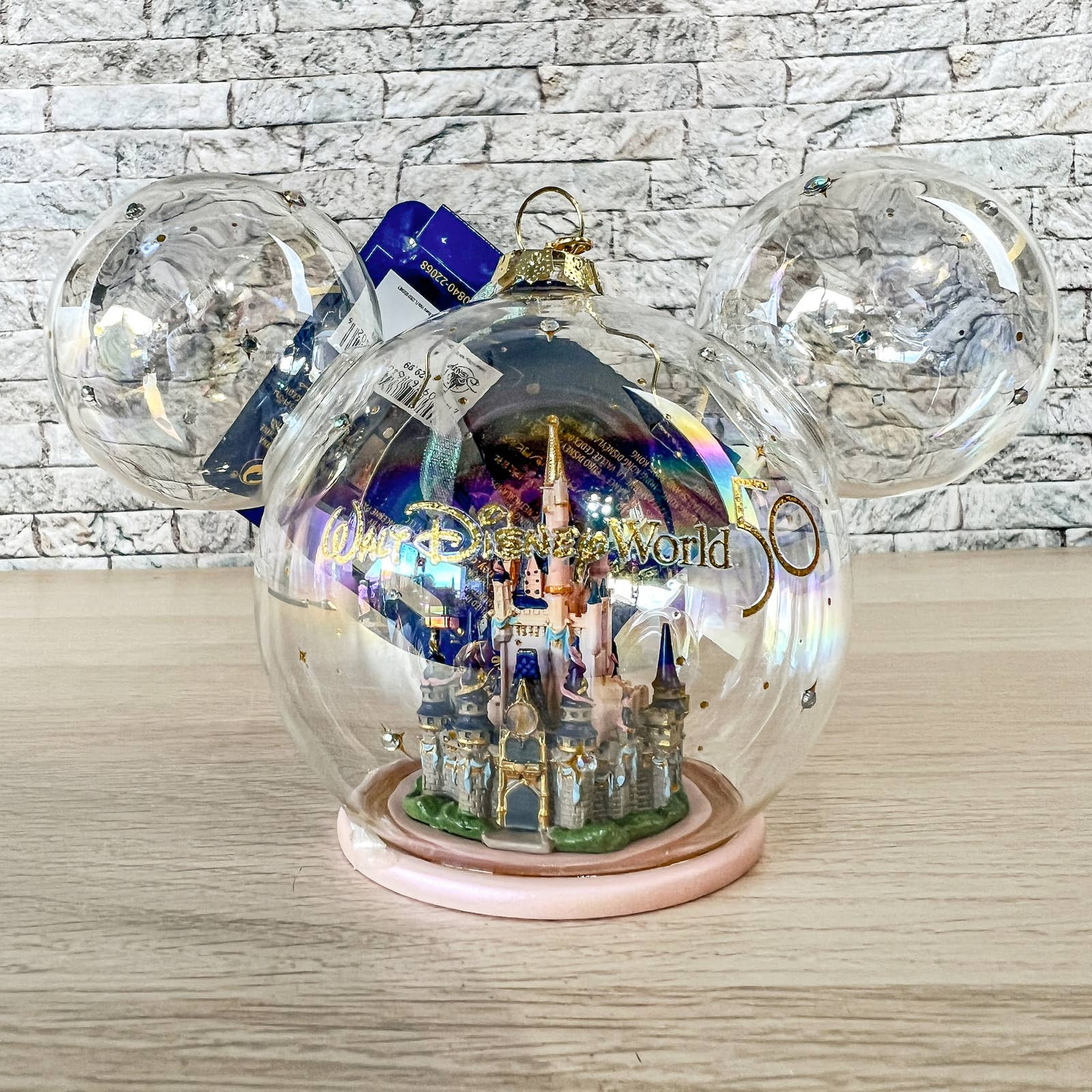 Disney World 50th Anniversary Cinderella Castle Mickey Ears Glass Globe Ornament