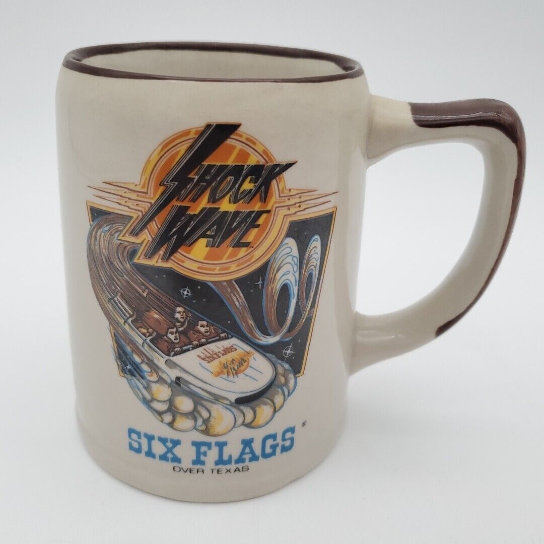 Shock Wave Six Flags Over Texas Collectible Mug Vintage Roller Coaster Cup