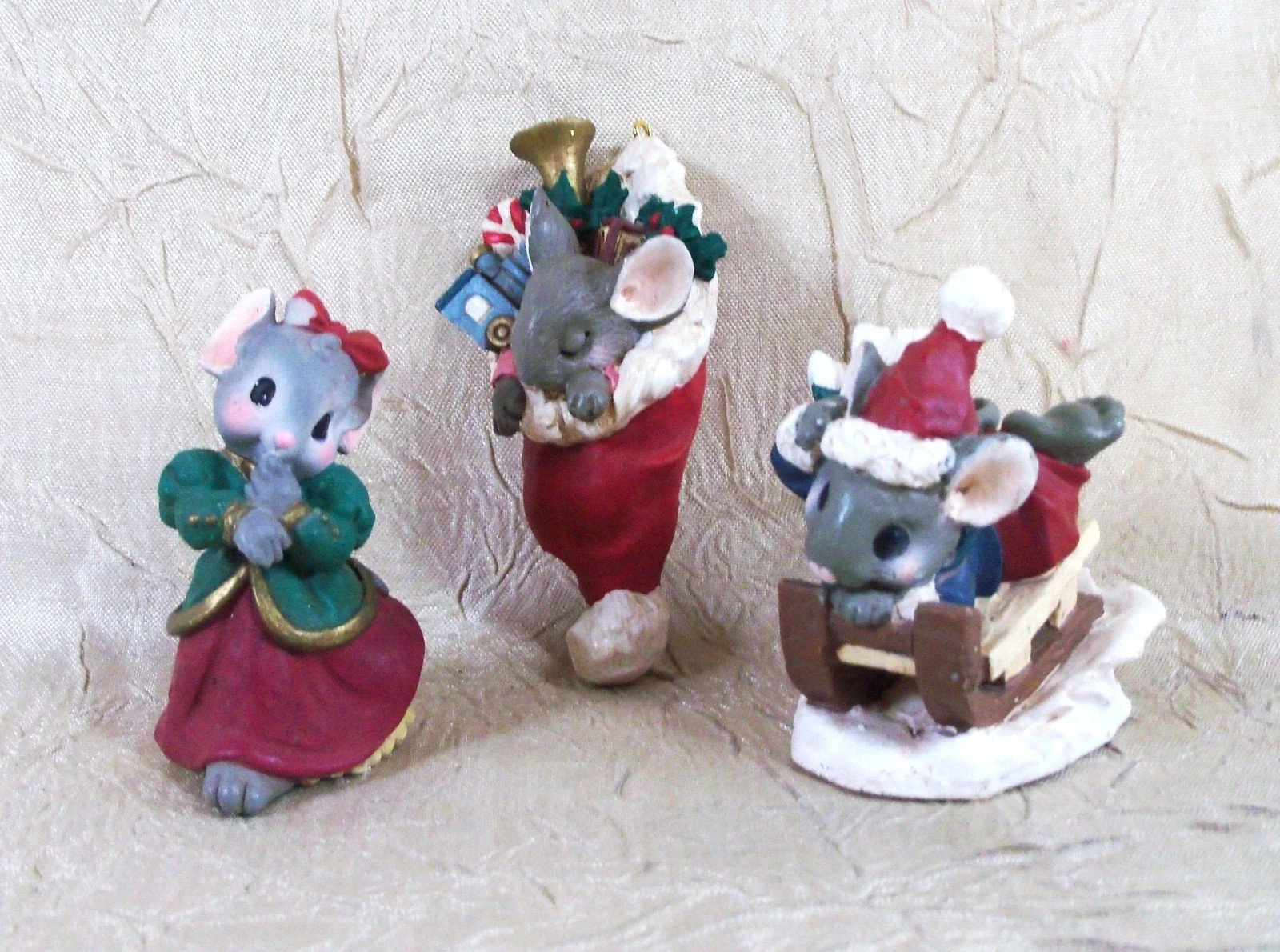 MouseKins Three Vintage Mini Resin Christmas Mouse Figurines & Ornament - NO BOX