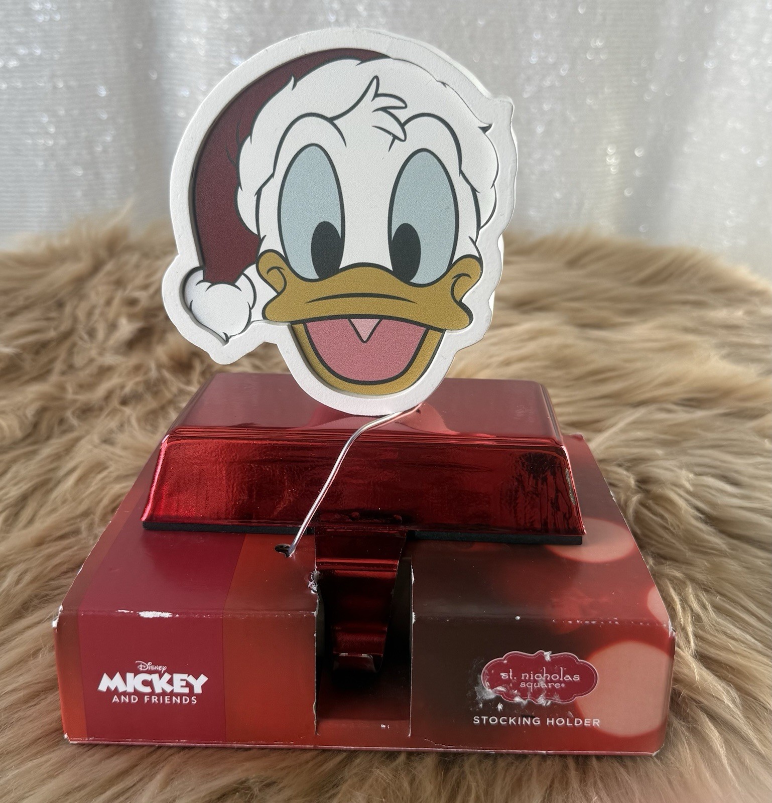 St Nicholas Square Disney Mickey Donald Duck Stocking Red Holder Hanger New St Nicholas Square Disney Mickey Donald Duck Stocking Red Holder Hanger New