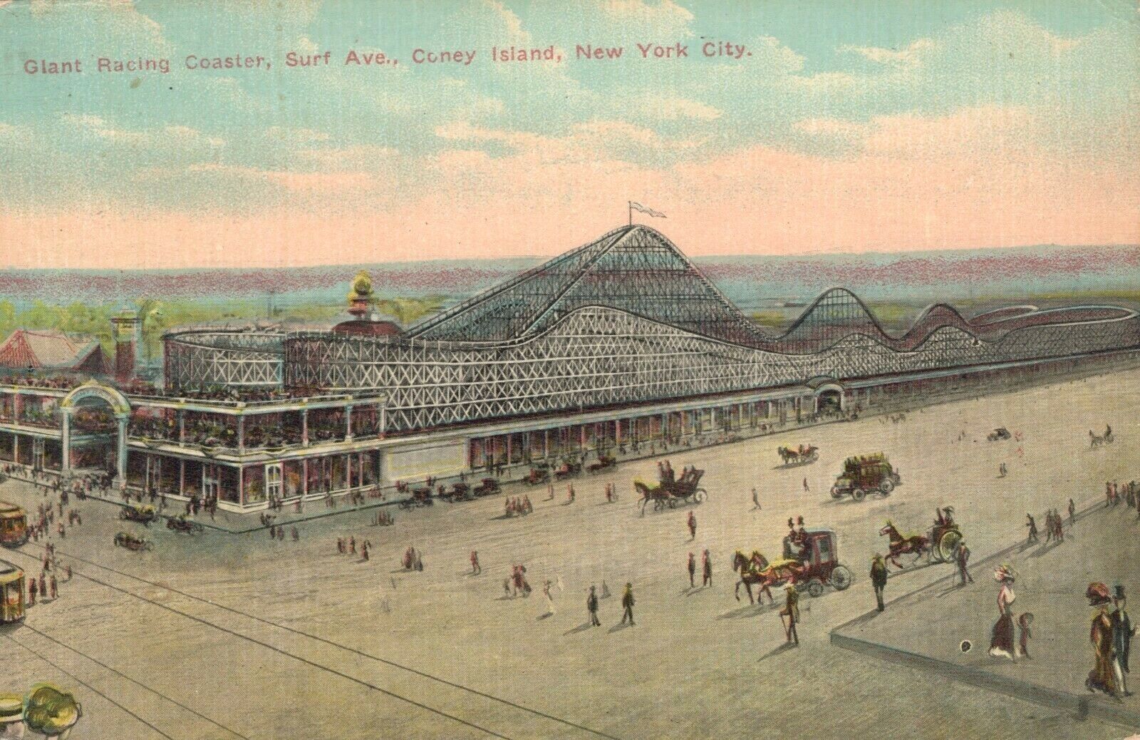 Postcard New York NY City Coney Island Giant Racing Roller Coaster Surf Avenue