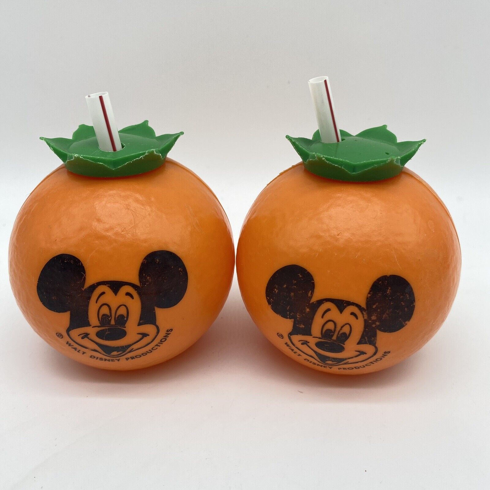 Vintage Mickey Mouse Walt Disney Souvenir Orange Sipper Drink Cup Lot of 2