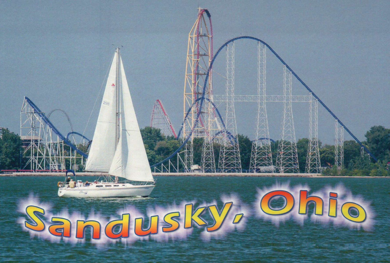 Cedar Point Roller Coaster, Sandusky Ohio, Sailboat on Lake Erie OH --- Postcard Cedar Point Roller Coaster, Sandusky Ohio, Sailboat on Lake Erie OH --- Postcard