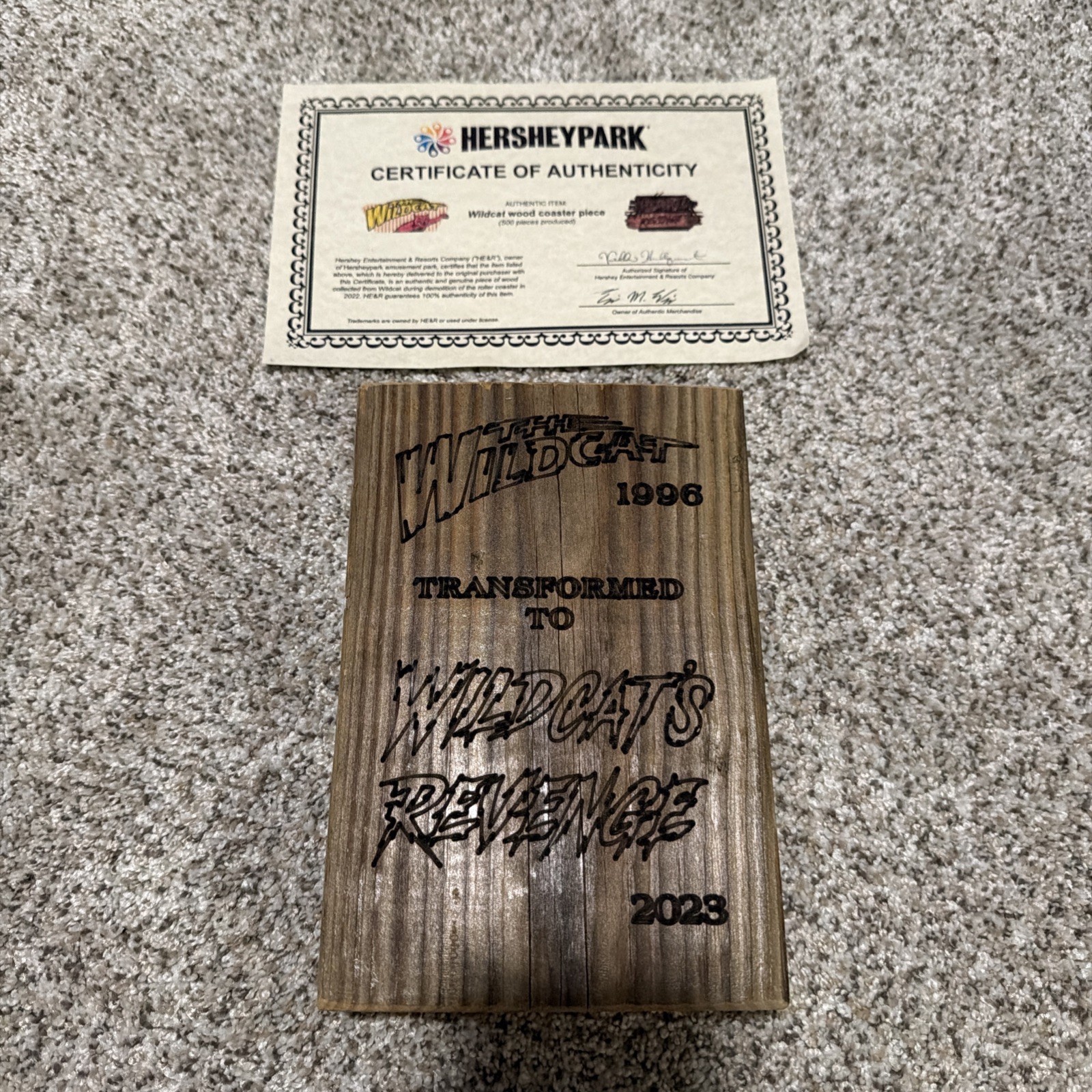 Wood Piece from Hersheypark Wildcat Roller Coaster w/ Certificate RARE