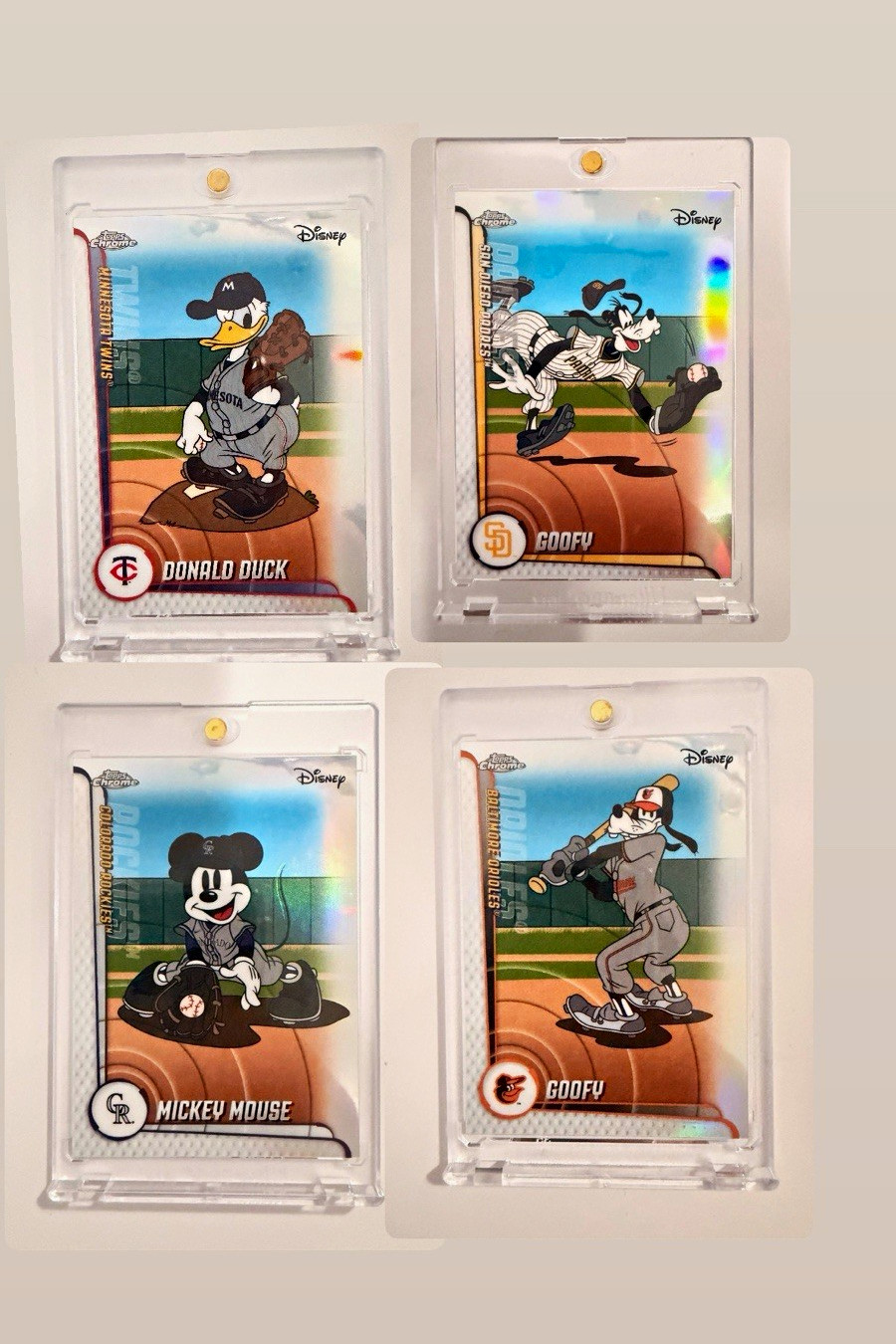 Topps Chrome Disney Trading Cards Lot of 4 - Mickey Mouse, Donald Duck, Goofy Topps Chrome Disney Trading Cards Lot of 4 - Mickey Mouse, Donald Duck, Goofy